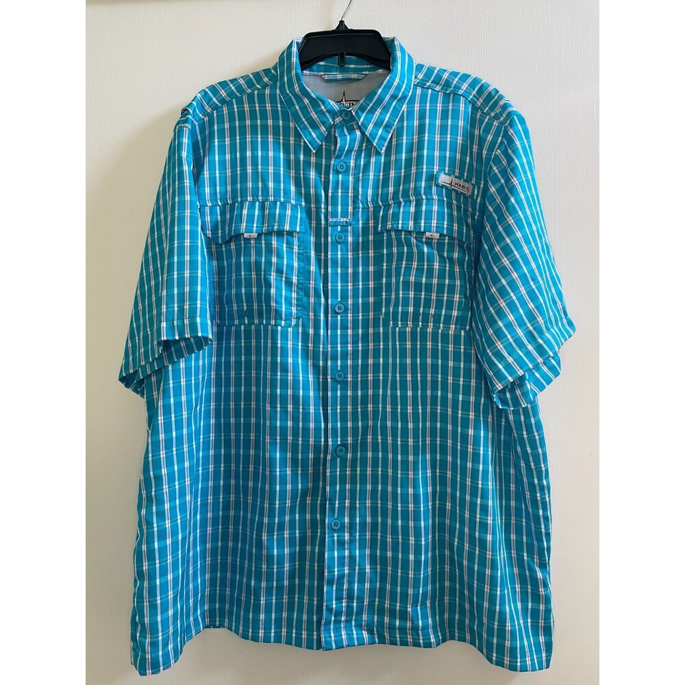 Habit Fishing Shirt Mens XL Teal Angler Vented Plaid Short Sleeve UPF 40+